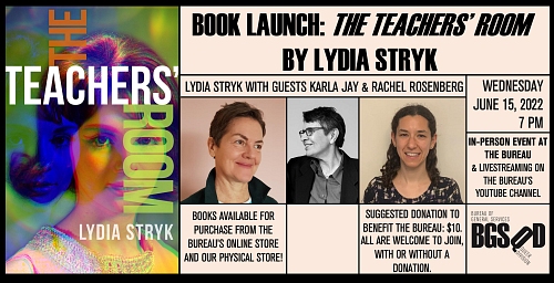 Bookcover and portraits of Lydia Stryk and two womenplus text informing about the book launch